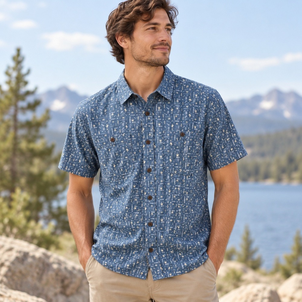 Patagonia Back Step Shirt Hemp Organic Cotton Mens S Blue Geometric 53139 SP20